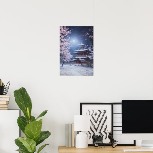 寺の穏やかな冬の夜 ポスター (ホームオフィス)