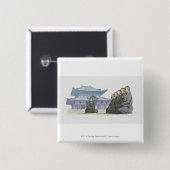 寺院の外でひざまずいている禅僧の修道士 缶バッジ (正面&裏面)