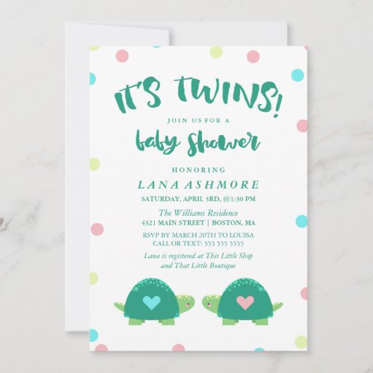 対のカメ|の青いピンクの双生児のベビーシャワー 招待状 (正面)