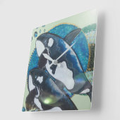 対のシャチ スクエア壁時計 (傾斜)