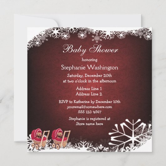 対のテディー・ベアのクリスマスのベビーシャワー 招待状 (裏面)