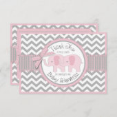 対のピンク象の灰色白シェブロンは感謝していしています サンキューカード (正面/裏面)