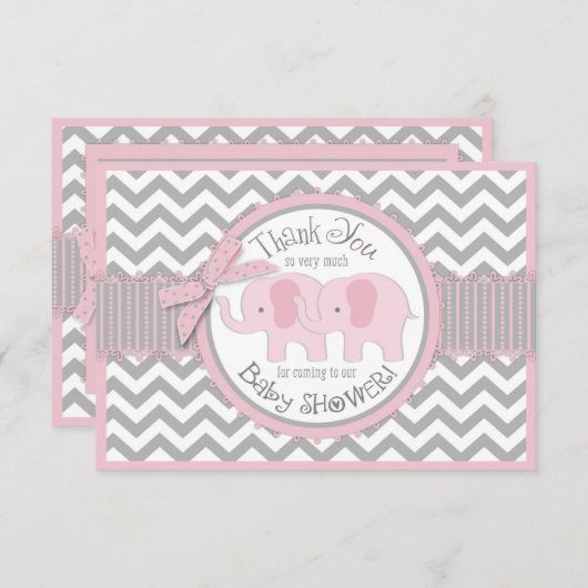 対のピンク象の灰色白シェブロンは感謝していしています サンキューカード (正面/裏面)