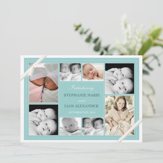 対のベビーの写真のコラージュのベビーの発表|のティール（緑がかった色） 案内状 (スタンド正面)