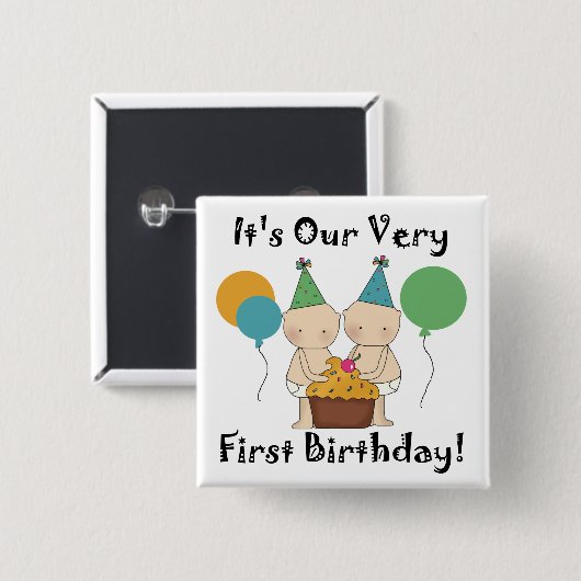 対のベビーの第1誕生日のTシャツおよびギフト 缶バッジ (正面&裏面)