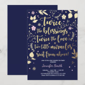 対のベビーシャワーの招待状の金ゴールドのピンク海軍女の子 招待状 (正面/裏面)