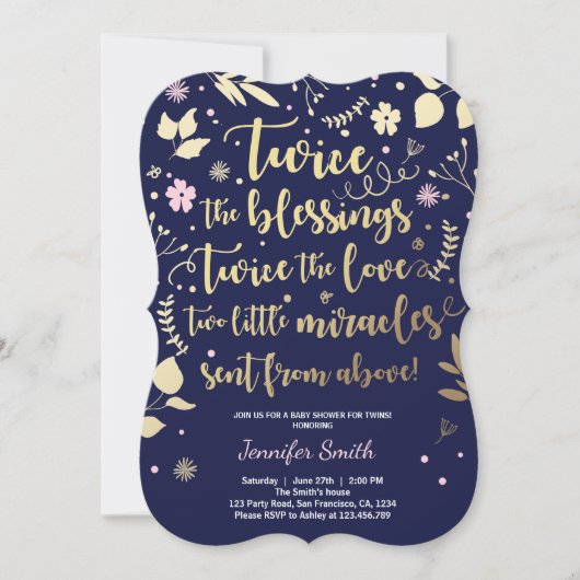 対のベビーシャワーの招待状の金ゴールドのピンク海軍女の子 招待状 (正面)