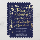 対のベビーシャワーの招待状の金ゴールド海軍花柄 招待状 (正面/裏面)