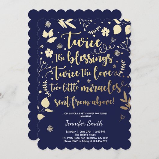 対のベビーシャワーの招待状の金ゴールド海軍花柄 招待状 (正面/裏面)