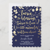 対のベビーシャワーの招待状の金ゴールド海軍花柄 招待状 (正面)