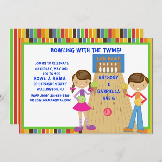 対のボーリングの誕生日のパーティの招待状 招待状 (正面/裏面)