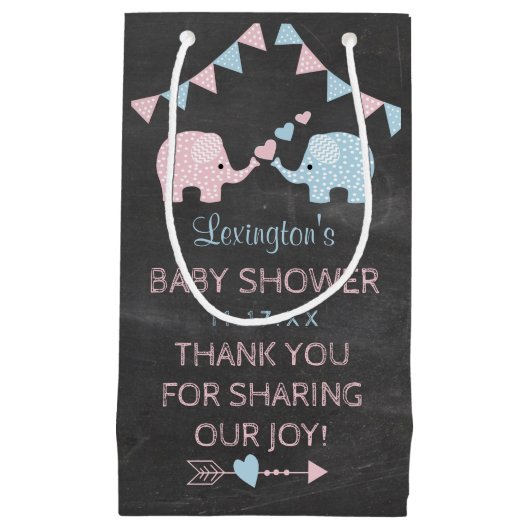 対の女の子および男の子象のベビーシャワーは感謝していしています スモールペーパーバッグ (正面)