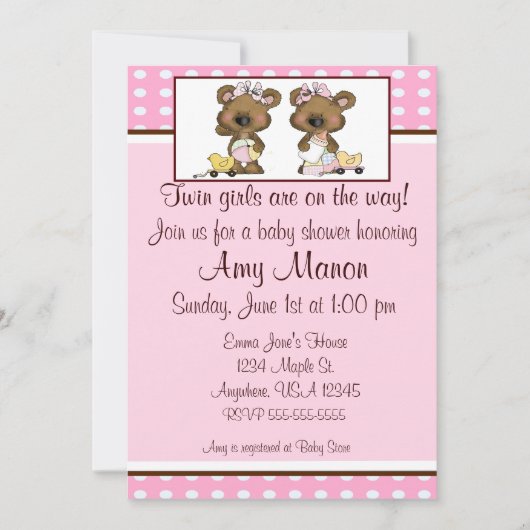 対の女の子くまの名前入りなベビーシャワーの招待 招待状 (正面)