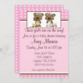 対の女の子くまの名前入りなベビーシャワーの招待 招待状 (正面/裏面)