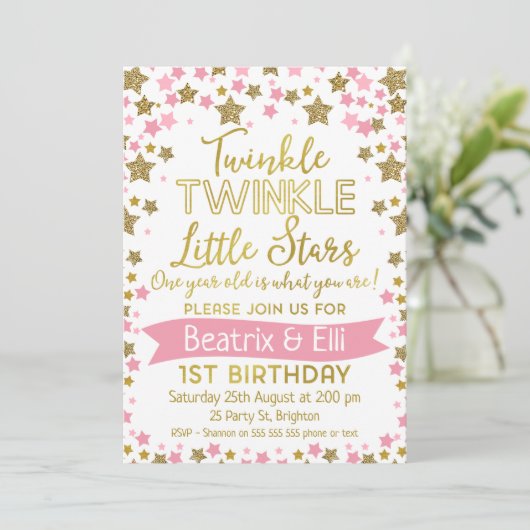 対の女の子のきらめき少し星の誕生日の招待状 招待状 (スタンド正面)