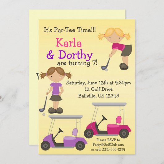 対の女の子のゴルファーのゴルフ誕生日のパーティの招待状 招待状 (正面/裏面)