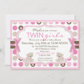 対の女の子のテディー・ベアのベビーシャワーのピンク 招待状 (裏面)