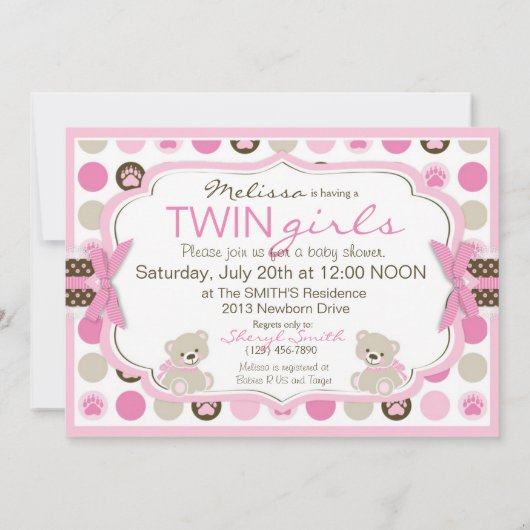対の女の子のテディー・ベアのベビーシャワーのピンク 招待状 (裏面)