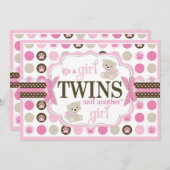 対の女の子のテディー・ベアのベビーシャワーのピンク 招待状 (正面/裏面)