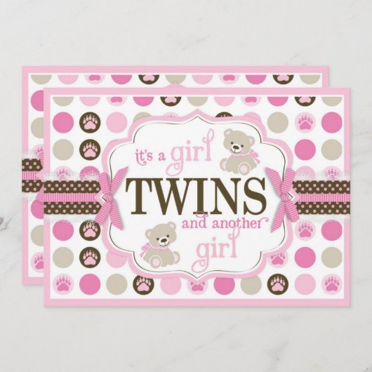 対の女の子のテディー・ベアのベビーシャワーのピンク 招待状 (正面/裏面)