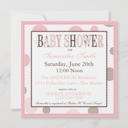 対の女の子のピンクの暗灰色はベビーシャワーに点を打ちます 招待状 (裏面)