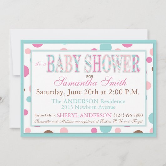 対の女の子のピンクの水ブラウンはベビーシャワーに点を打ちます 招待状 (裏面)