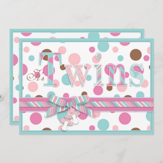 対の女の子のピンクの水ブラウンはベビーシャワーに点を打ちます 招待状 (正面/裏面)