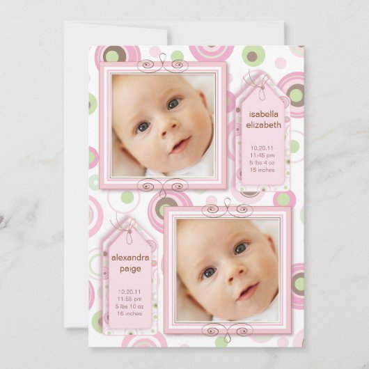 対の女の子のピンクの水玉模様の写真の発表 案内状 (正面)