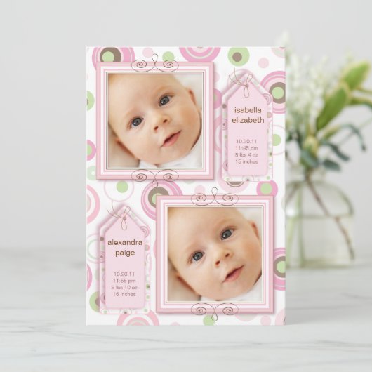 対の女の子のピンクの水玉模様の写真の発表 案内状 (スタンド正面)