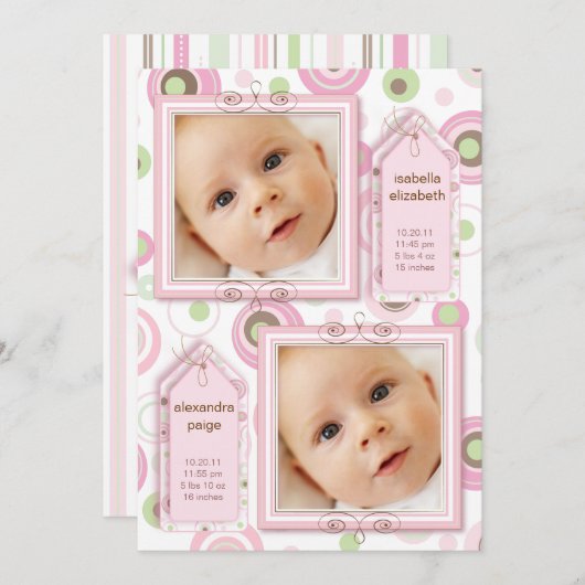 対の女の子のピンクの水玉模様の写真の発表 案内状 (正面/裏面)