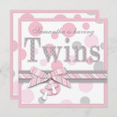 対の女の子のピンクの灰色はベビーシャワーに点を打ちます 招待状 (正面/裏面)