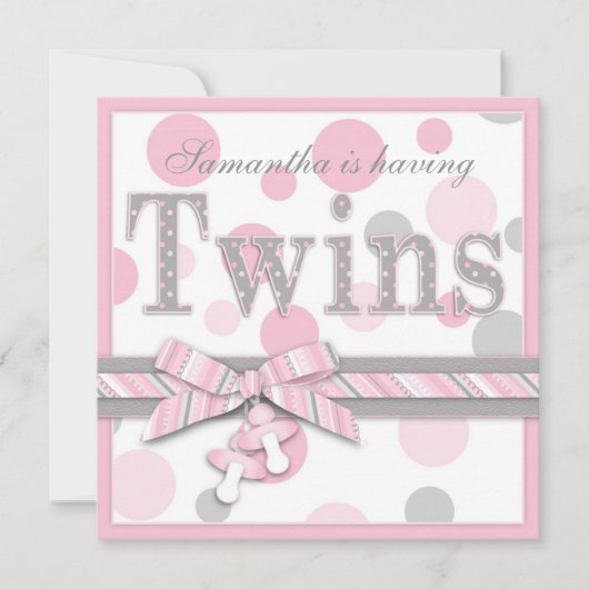 対の女の子のピンクの灰色はベビーシャワーに点を打ちます 招待状 (正面)
