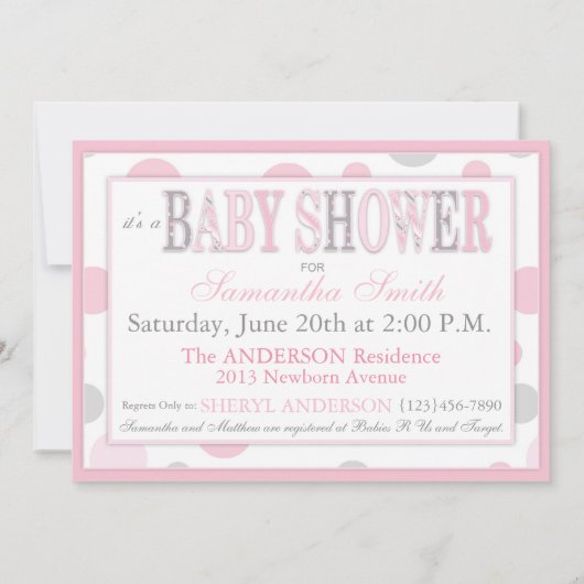 対の女の子のピンクの灰色はベビーシャワーに点を打ちます 招待状 (裏面)