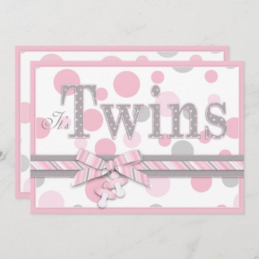 対の女の子のピンクの灰色はベビーシャワーに点を打ちます 招待状 (正面/裏面)