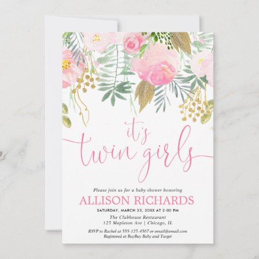 対の女の子のピンクの金ゴールドの緑の草木の花柄の水彩画 招待状 (正面)