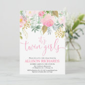 対の女の子のピンクの金ゴールドの緑の草木の花柄の水彩画 招待状 (スタンド正面)