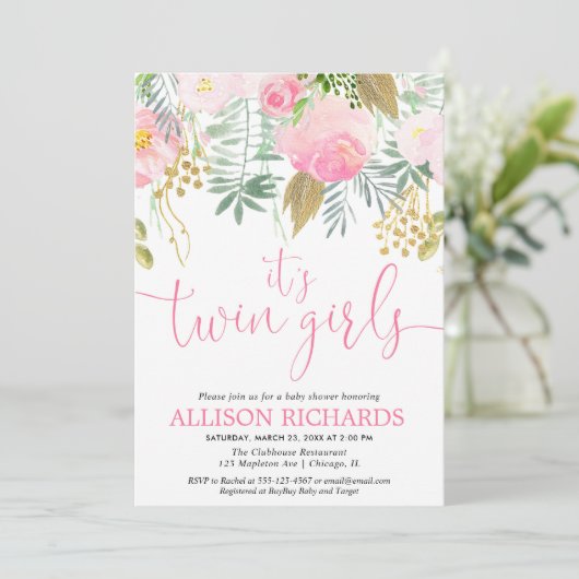 対の女の子のピンクの金ゴールドの緑の草木の花柄の水彩画 招待状 (スタンド正面)