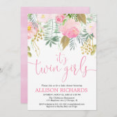 対の女の子のピンクの金ゴールドの緑の草木の花柄の水彩画 招待状 (正面/裏面)