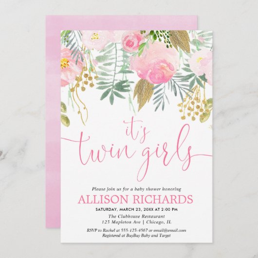 対の女の子のピンクの金ゴールドの緑の草木の花柄の水彩画 招待状 (正面/裏面)