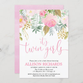 対の女の子のピンクの金ゴールドの緑の草木の花柄の水彩画 招待状