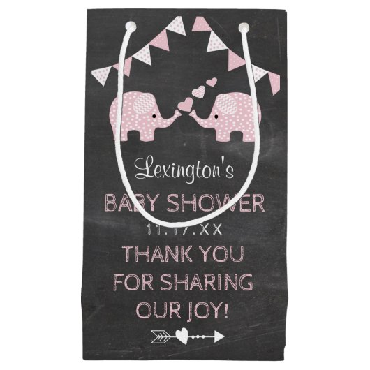 対の女の子のピンク象のベビーシャワーは感謝していしています スモールペーパーバッグ (正面)