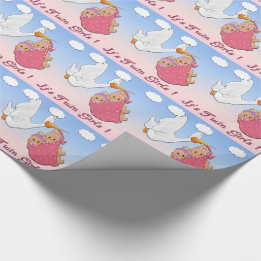 対の女の子のブロンドの女性- Papを包むこうのとりのベビーシャワー ラッピングペーパー (角)