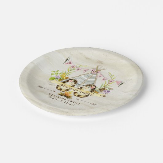 対の女の子のベビーシャワーのハリネズミの樺の木吠え声BOHO ペーパープレート (アングル)