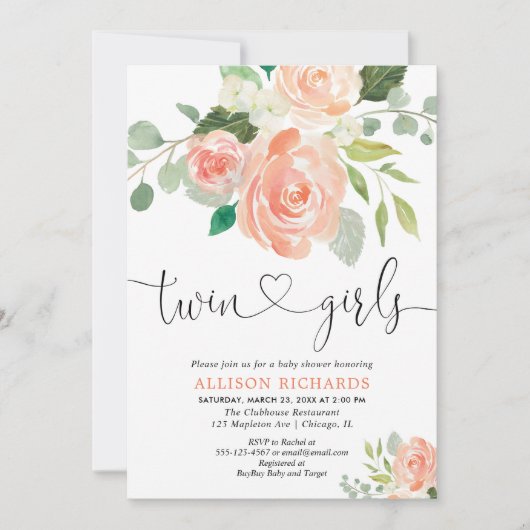 対の女の子のベビーシャワーの花柄の水彩画 招待状 (正面)