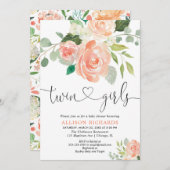対の女の子のベビーシャワーの花柄の水彩画 招待状 (正面/裏面)