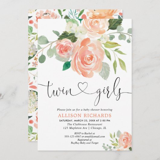 対の女の子のベビーシャワーの花柄の水彩画 招待状 (正面/裏面)