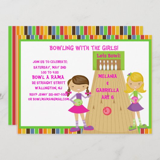 対の女の子のボーリングをする誕生日のパーティの招待状 招待状 (正面/裏面)