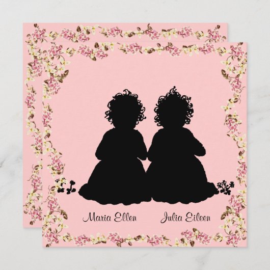 対の女の子のヴィンテージのピンクのベビーシャワーの招待状 招待状 (正面/裏面)