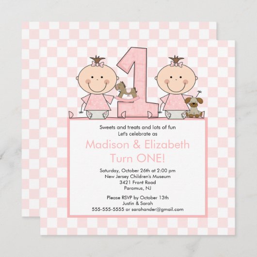 対の女の子の棒の姿は誕生日の招待状を結び付けます 招待状 (正面/裏面)