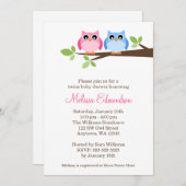 対の女の子の男の子のフクロウのツリーブランチのベビーシャワー 招待状 (正面/裏面)